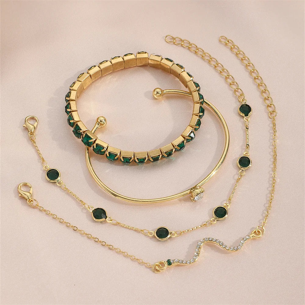 4Pcs/Set Fashion Snake Green Gemstone Bangle Rhinestone Full Metal Bracelet