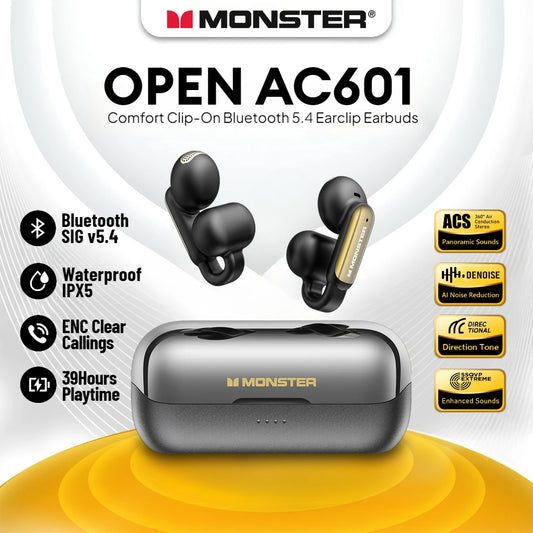 Monster OPEN AC601 Earclip TWS Earbuds Clip on Bluetooth 5.4 Earphone ENC Noise Canceling Wireless Headphone Waterproof Headset