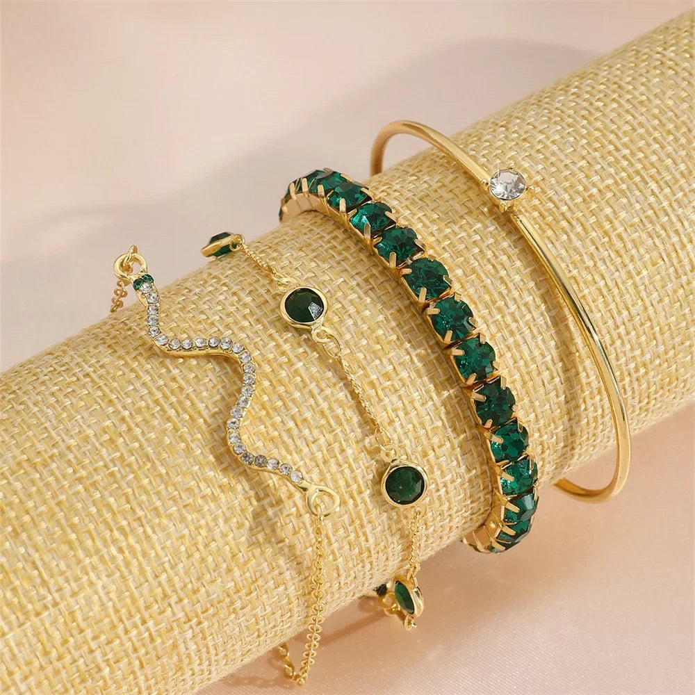 4Pcs/Set Fashion Snake Green Gemstone Bangle Rhinestone Full Metal Bracelet