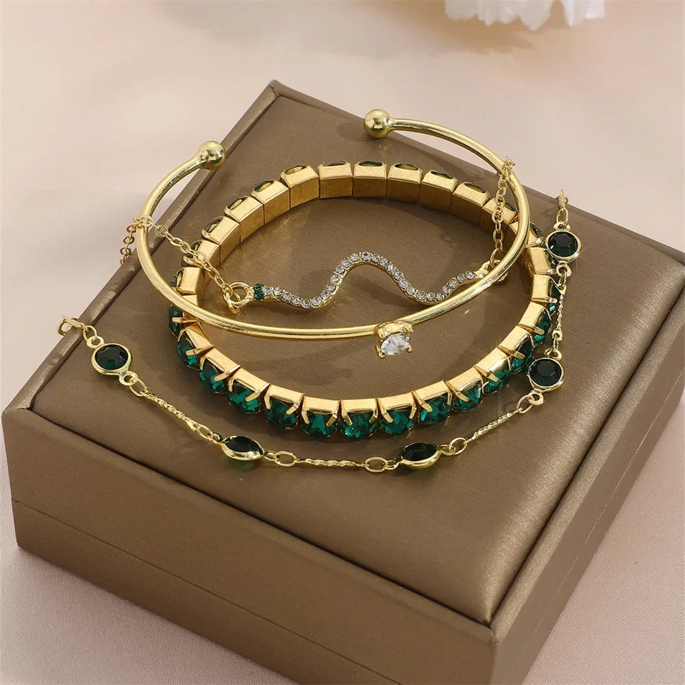 4Pcs/Set Fashion Snake Green Gemstone Bangle Rhinestone Full Metal Bracelet